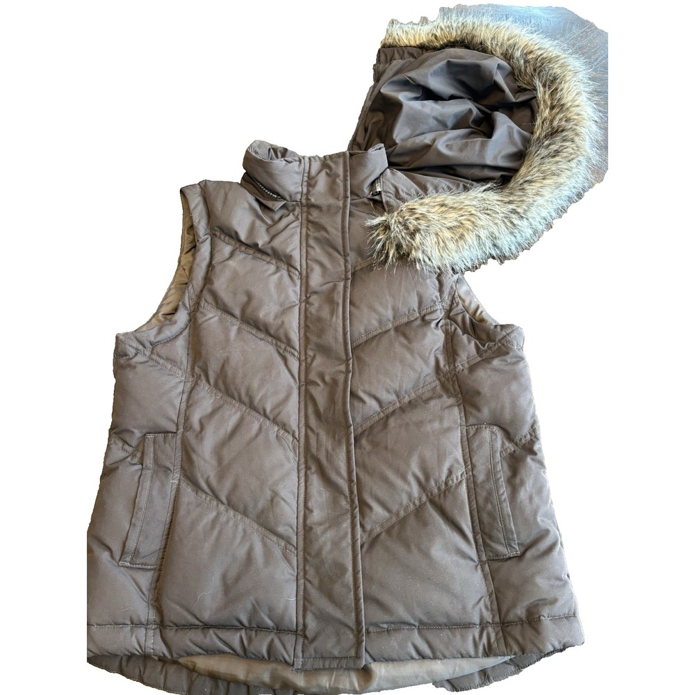 Y2K Gap Down Puffer Vest Brown Detachable Faux Fur Hood Womens Small Vtg 2007‎
